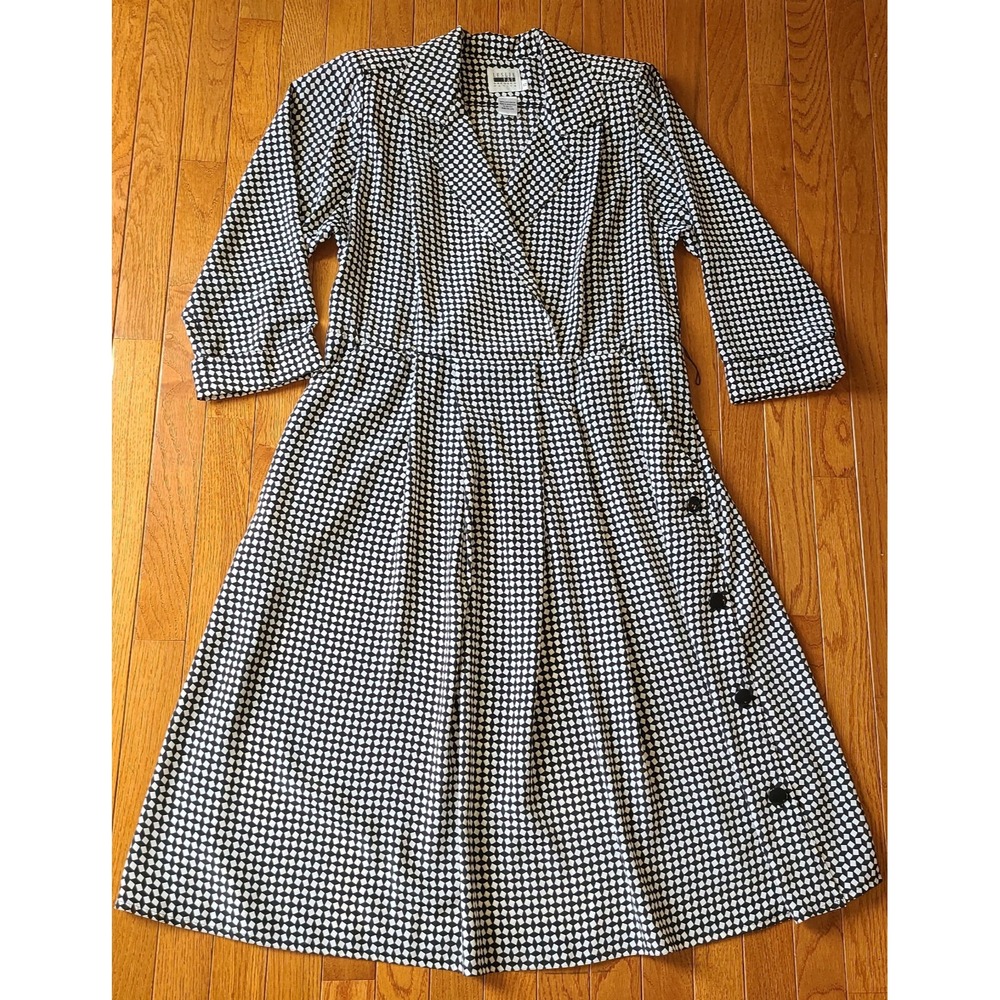 Vtg Leslie Fay Floral Midi Dress Black Check Long Sleeve 90s Sz 12 Shoulder Pads